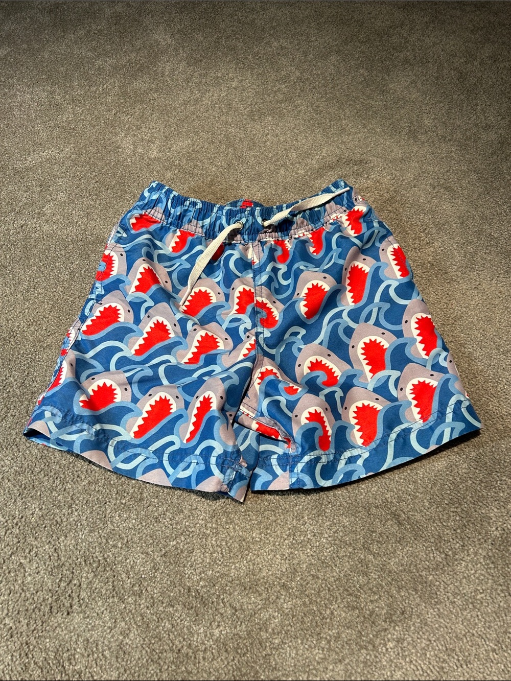 Hanna Andersson Blue Shark-Print Swim Trunks with Red Accents